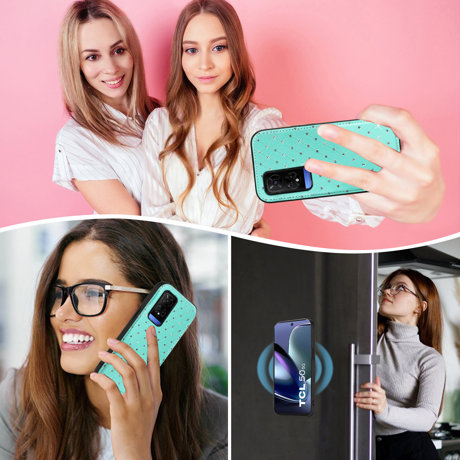 Asuwish Phone Case for TCL 50 5G/50 XE NXTPAPER/50 XE 5G Zipper Wallet Detachable Cell Cover with Tempered Glass Screen Protector Crossbody Lanyard Strap Glitter Flip Card Holder Slot Women Green