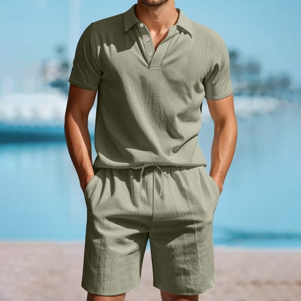 WILLBEST Traje de Verano para Hombre, de Carga Corta, Holgado, Informal, Transpirable, de Manga Corta, de Lino