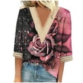 thumbnail image 3 of Feancey Loose Fit Tops for Women Trendy Lace V-neck 3/4 Sleeve Blouses Summer Casual Floral Print Plus Size Shirt 2025 Mid Length Loose Fit Tunics On Sale,Pink,3XL, 3 of 5