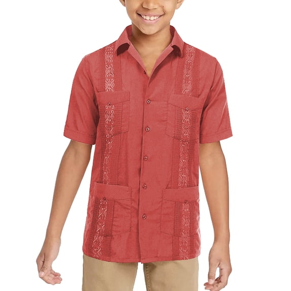 Boy's Embroidered Short Sleeve Wedding Baptism Kids Button-Up Guayabera Shirt (Coral, L (11-13))