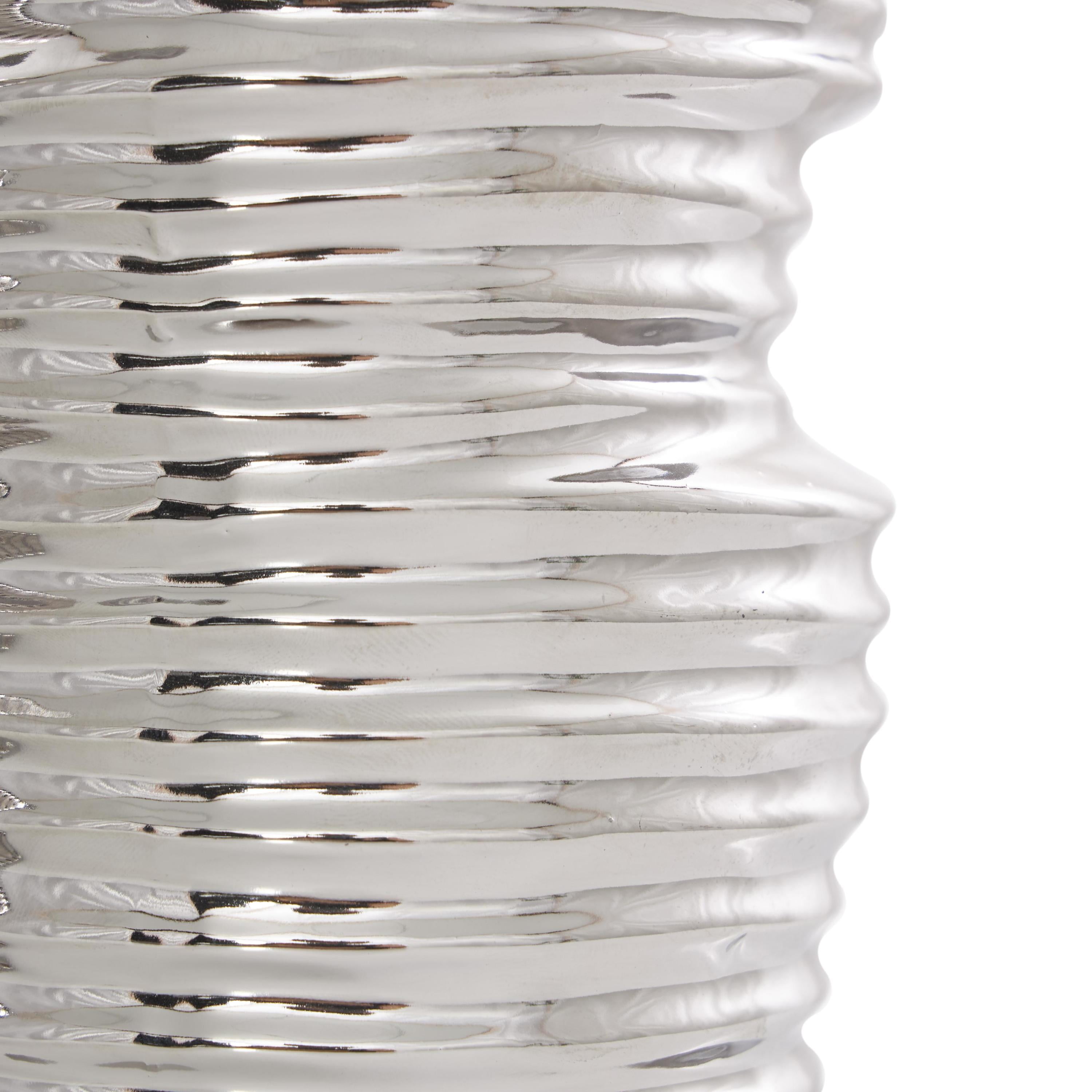 DecMode 4"W, 11"H Dimensional Ribbed Silver Ceramic Vase with Varying Shapes, Set of 3