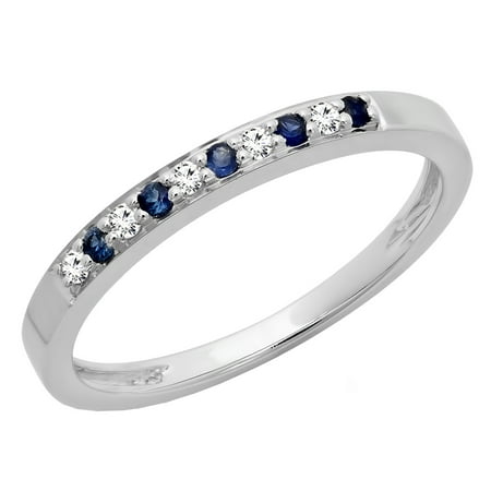 10k White Gold Wedding Bands - 10K Gold Round Blue Sapphire & White Diamond Ladies Anniversary Wedding Band Stackable Ring