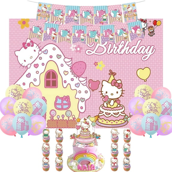 Kitty White Theme Cartoon style Birthday Decoration Kits，Party Supplies Including Banner, Balloons, Cake Toppers, Cupcake Toppers，Background Flag.