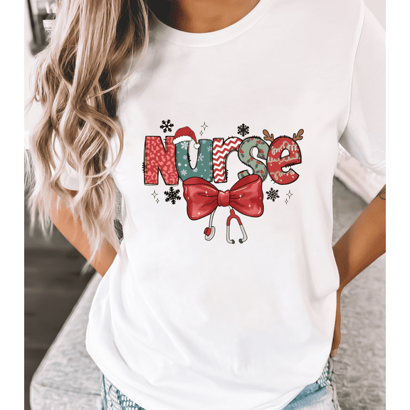 Women's White Tshirt Graphic Tees Shirts Christmas Nurse Patterned Letter Design Casual Tops S-5XL