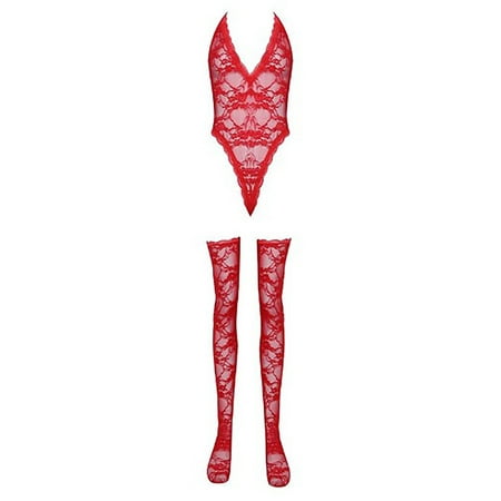 

EHTMSAK Women s Sleepwear Teddy One Piece Babydoll Deep V Neck Lace Bodysuit Sexy Snap Crotch Lingerie Red S