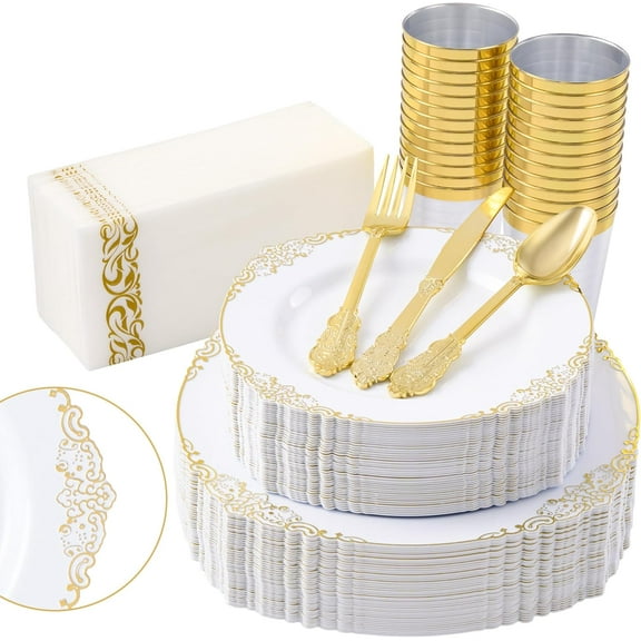350PCS Gold Plastic Plates, Disposable Dinnerware set for 50 Guests, Include: Dinner Dessert Silverware Set, Napkins & Cups Wedding, Party Guests
