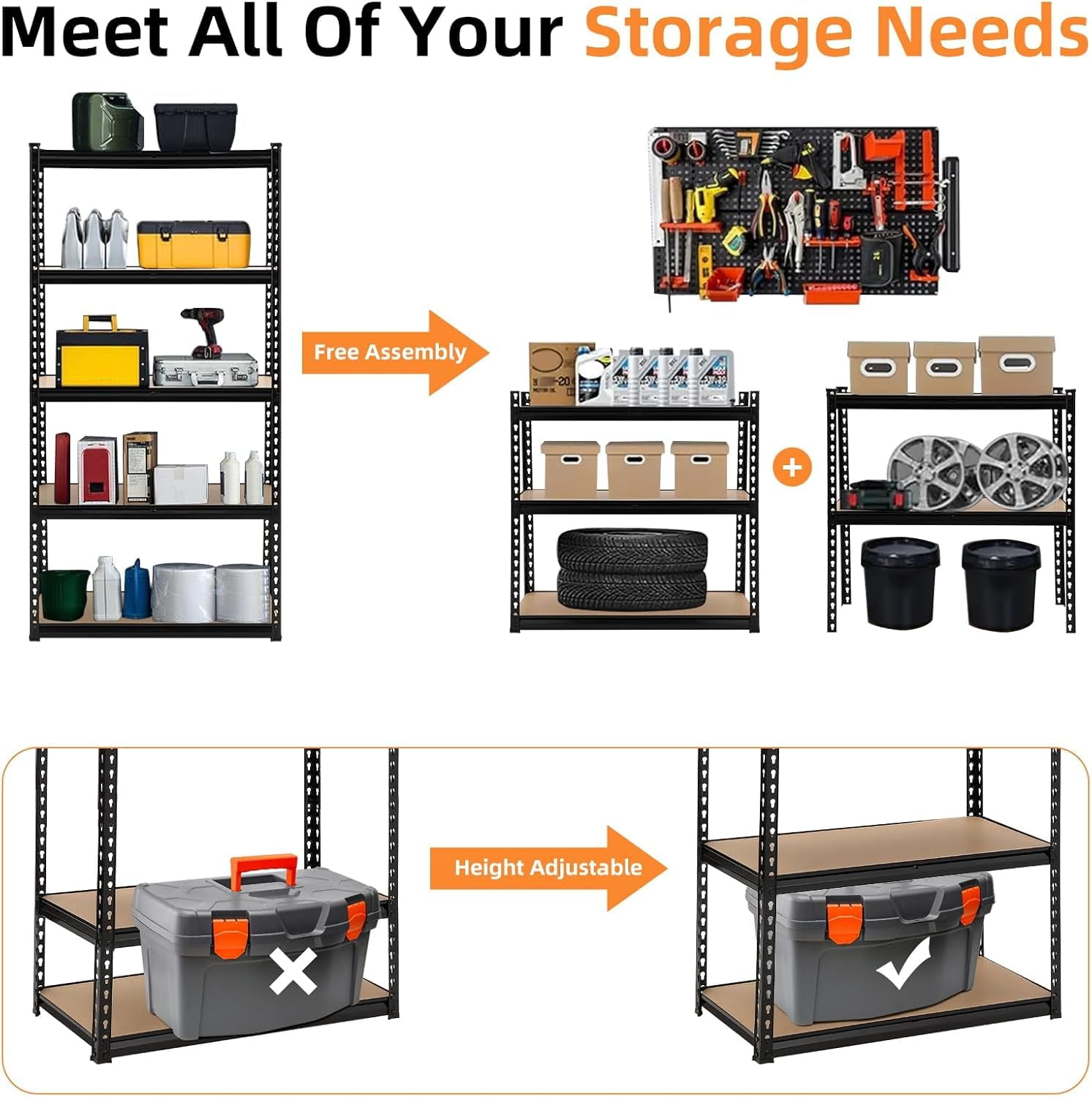 Garvee Garage Shelving, 5-Tier Adjustable Height Metal Utility Shelves for Garage, 72" Garage Storage Shelves Heavy Duty, Industrial Shelving Utility Shelf, Black-Load 3860 Lbs