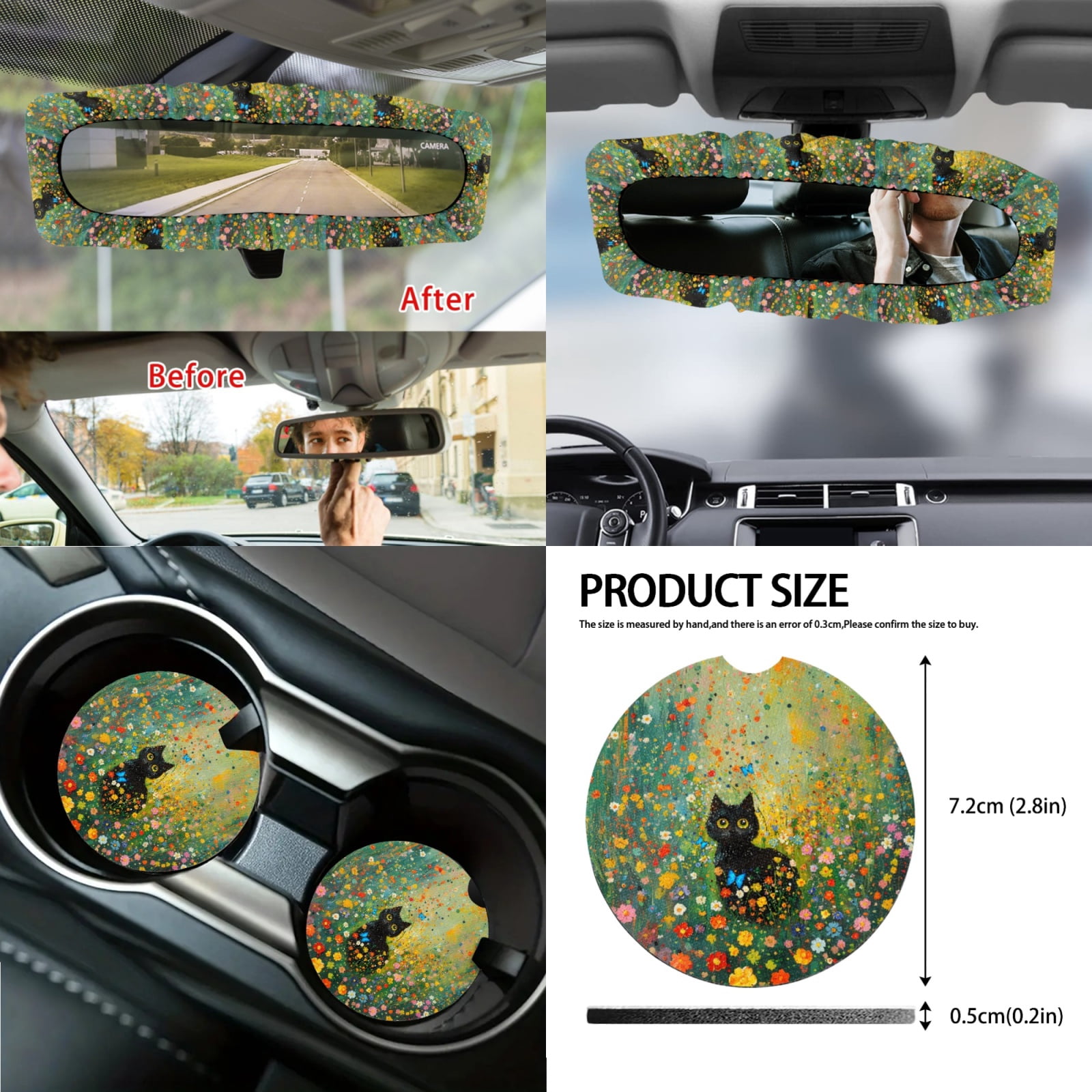 Jeiento Black Cat Car Seat Cover Set with Steering Wheel Cover Seat Belt Covers Waste Bin Center Console Pad Rear View Mirror Cover Floral Handbrake Cover Set Coasters Auto Accessories Set of 14
