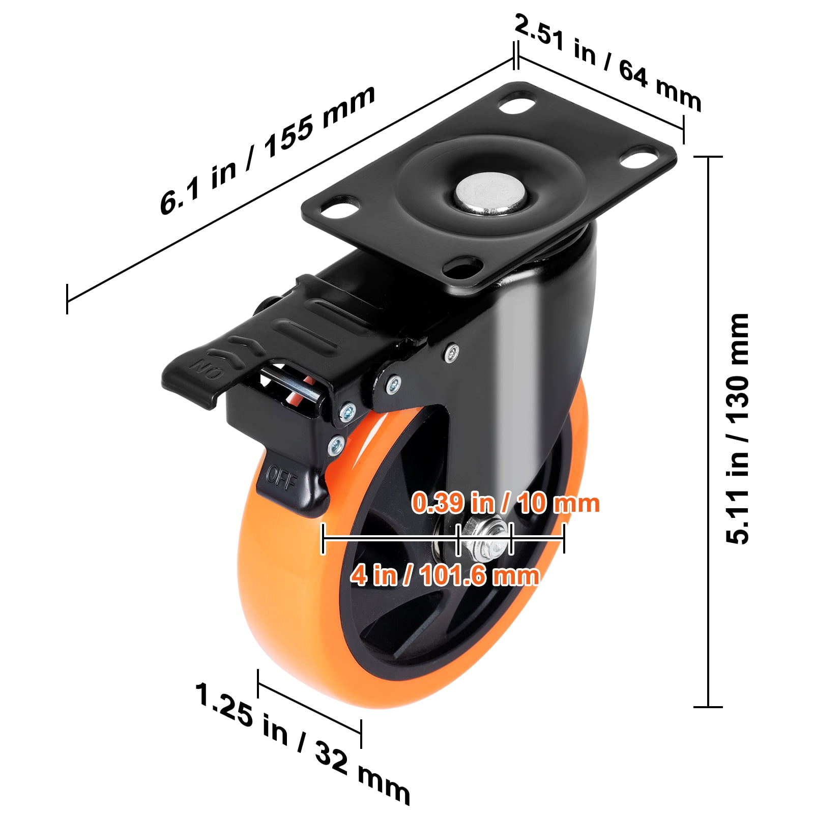 VEVOR Caster Wheels, 4-inch Swivel Plate Casters, Set of 4, with Security A/B Locking No Noise PVC Wheels, Heavy Duty 350 lbs Load Capacity Per Caster, Non-Marking Wheels for Cart Furniture Workbench
