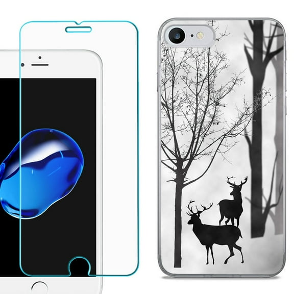 For Apple iPhone SE 2020 Case, Slim-Fit TPU Phone Case, with Tempered Glass Screen Protector, by OneToughShield ® - Forest Deer