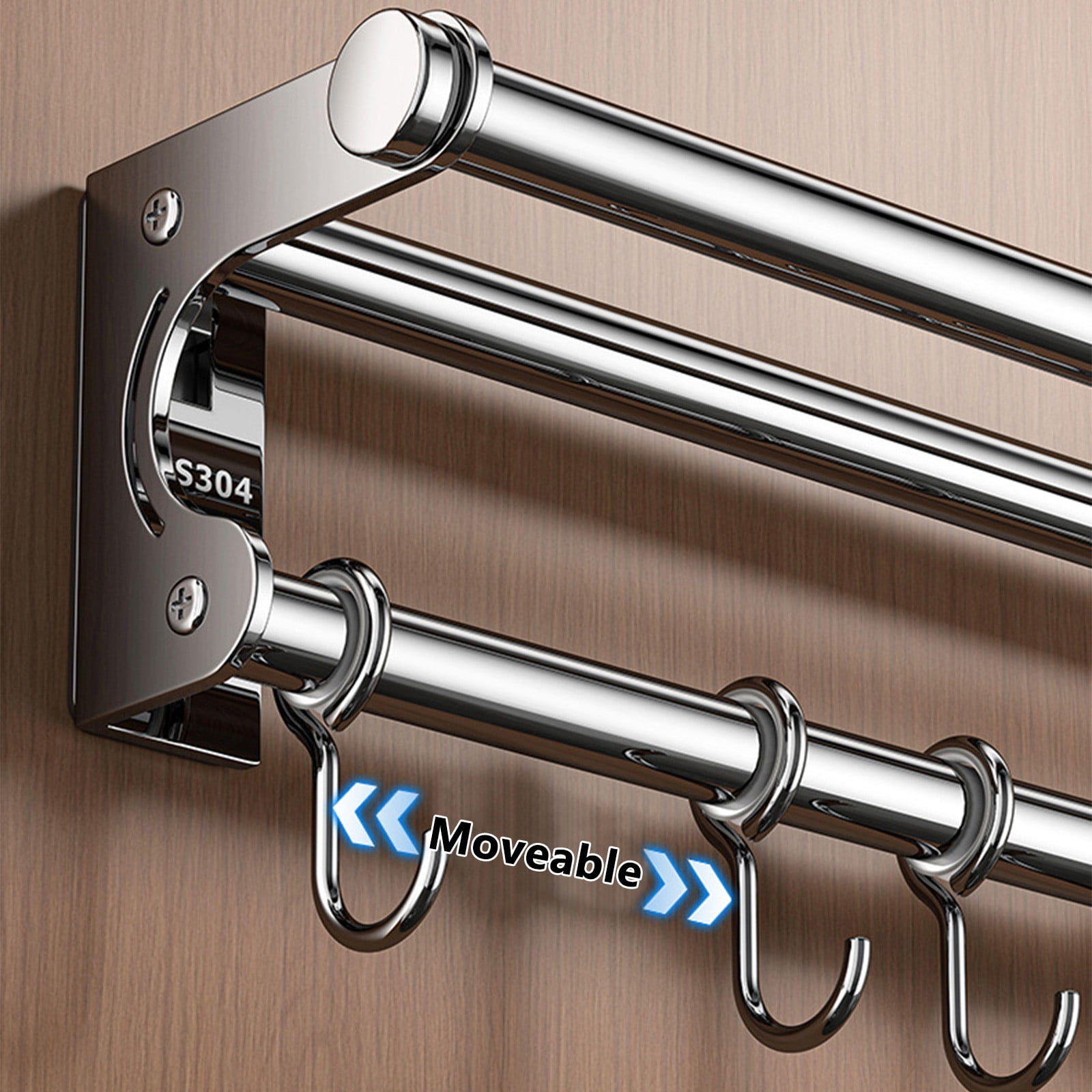 Kitchen Utensil Hooks, Kitchen Rail Kitchen Utensils Rack, No Drilling Adhesive Stainless Steel Hanging Rail Rack, Wall Mounted Hanger Organizer for Bathroom(with 10 Hooks, 19.7in)