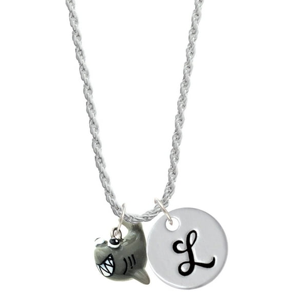 Delight Jewelry Resin Shark Silvertone Script Initial Disc - L - Charm Necklace, 20"+3"