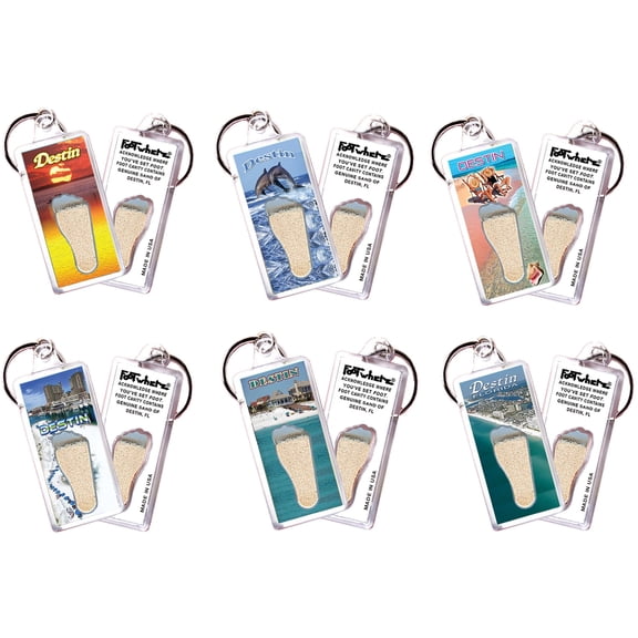 Destin FootWhere Souvenir Keychains. (DS100 - Assorted) 6 Piece Set