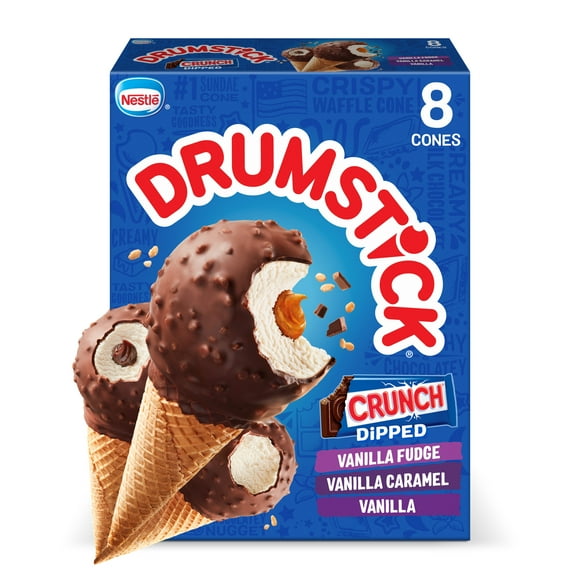 Drumstick Crunch Dipped Vanilla Variety Pack Frozen Ice Cream Cones, No Artificial Flavors, 8 Ct, 36.8 oz