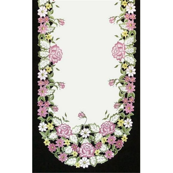 H0893 Napperon Rond Rose Rose & Marguerite Jaune, 16 Po.