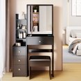 thumbnail image 2 of Vanity Desk with Extra Large Sliding Mirror, Modern Wood Makeup Table Dressing Table with Upholstered Stool, Drawer and Open Shelf, 2 of 7