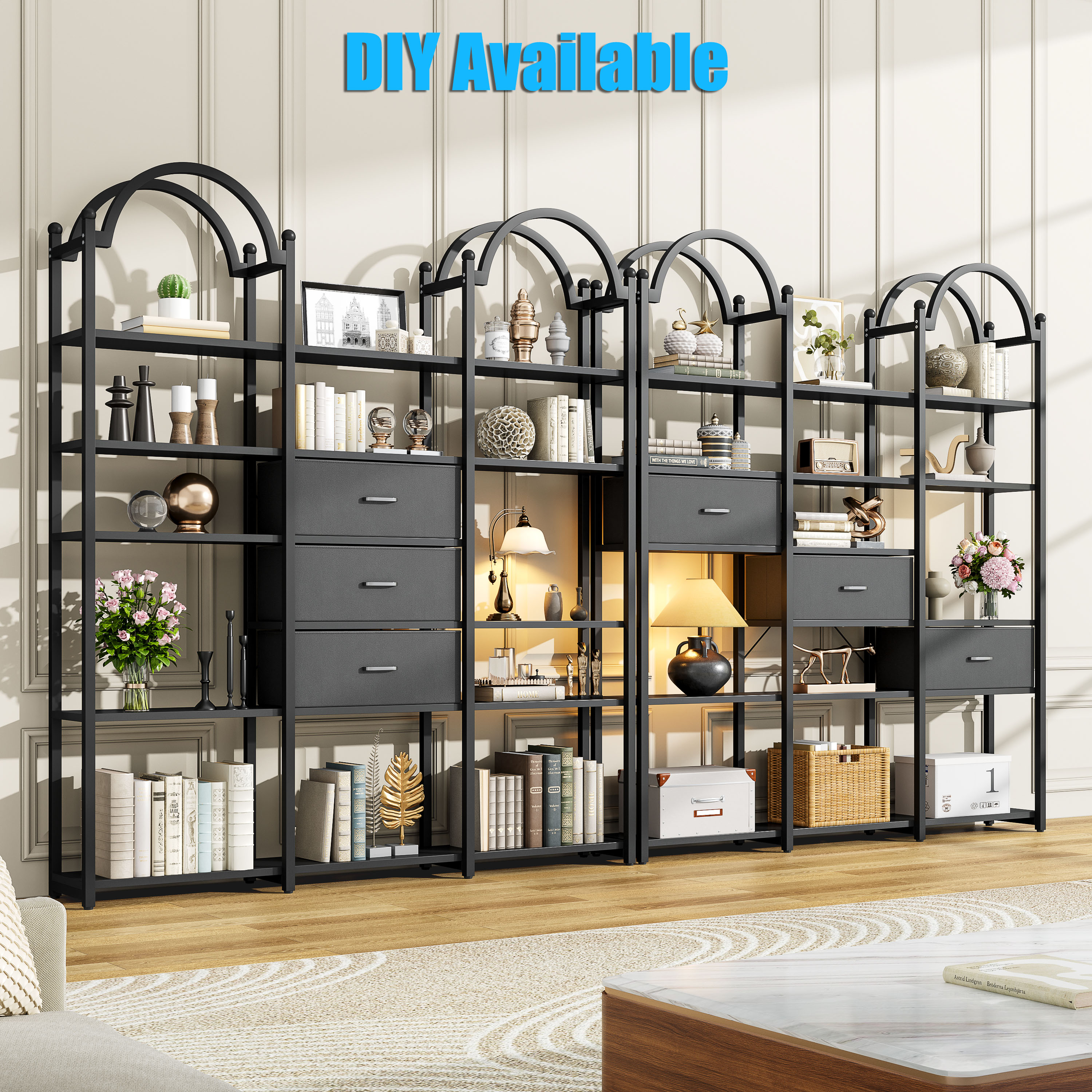 Modfurne 83.5" Tall Arched Bookshelf, Triple Wide 6-Tier Large Open Book Shelf Etagere Bookcase with Display Shelf and Metal Frame for Living Room, Black