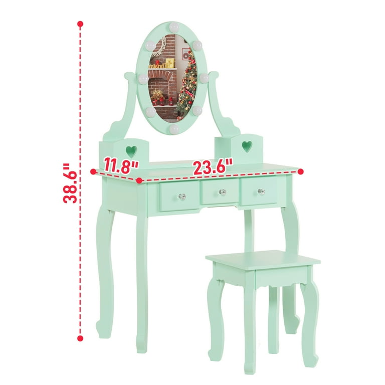SamyoHome Kids' Dressing Table and Stool Set with 3 Colors Lighting Mirror  for Little Girls Light Green - Walmart.com