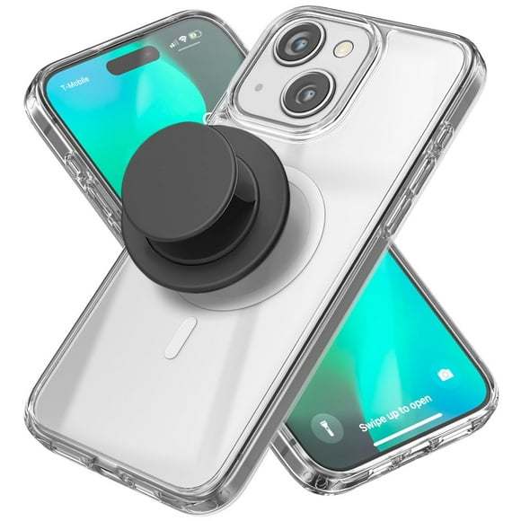 ENCASED Étui Transparent pour iPhone 15 Plus avec Poignée Magnétique Amovible - Support de Téléphone Plat et Pliable (Compatible avec MagSafe)