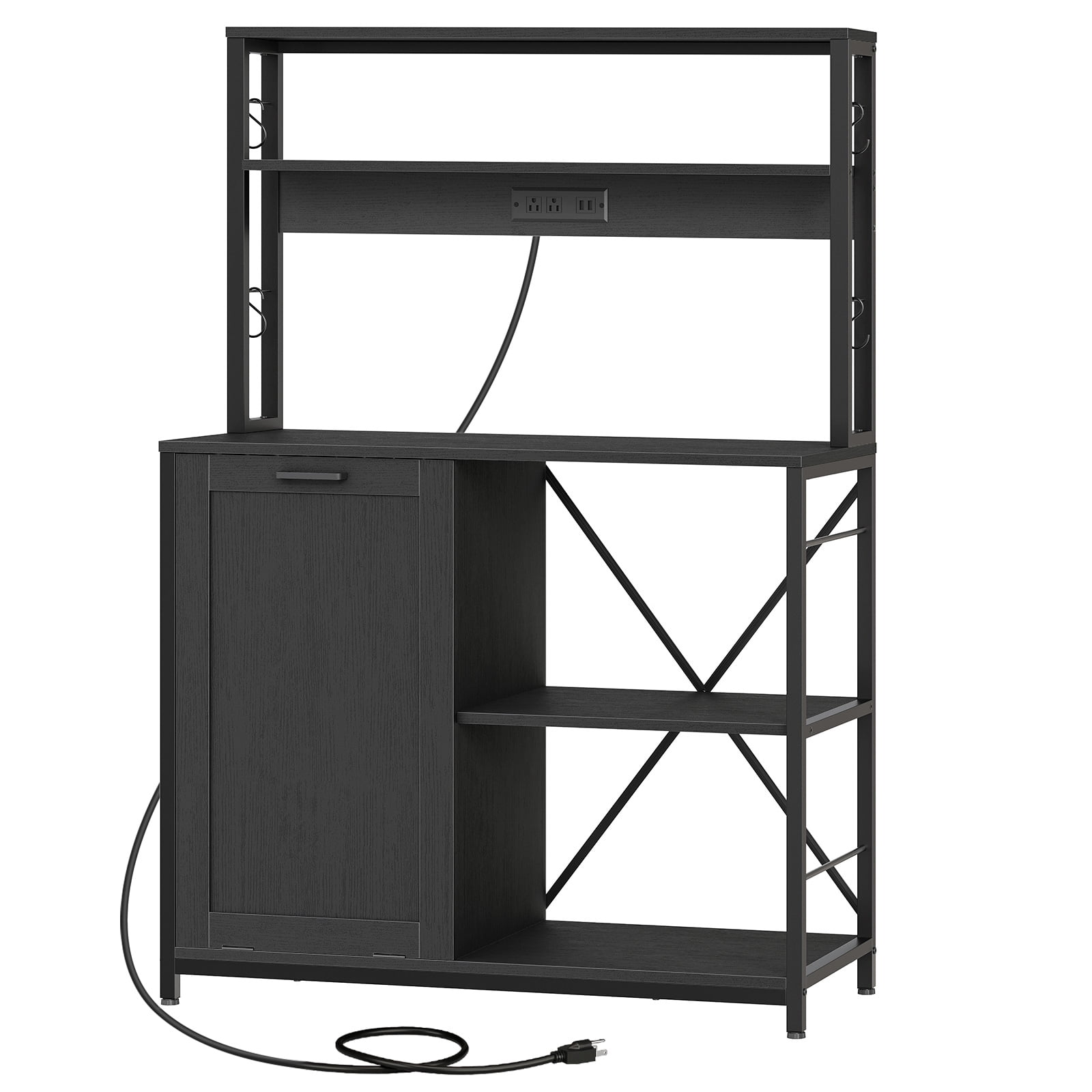 HOOBRO Bakers Rack Microwave Stand with Trash Can Bin Cabinet, 5-Tier Kitchen Storage Shelf Cabinet with Power Outlet, Tall Coffee Bar Table Station for Dining Room, Living Room, Black BB50UHB01