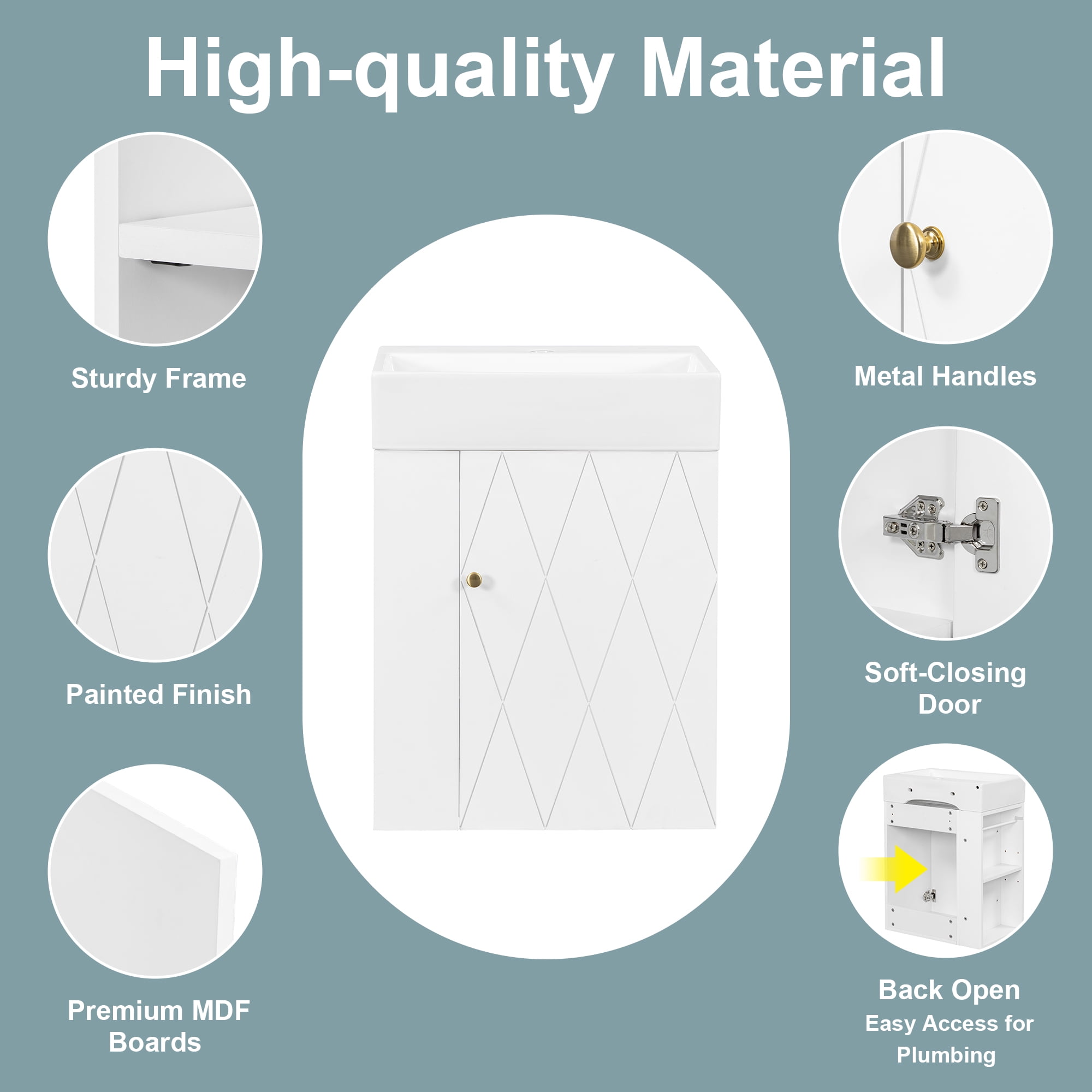 20 Inch Bathroom Vanity with Ceramic Sink, White, MDF, Wall-Mounted