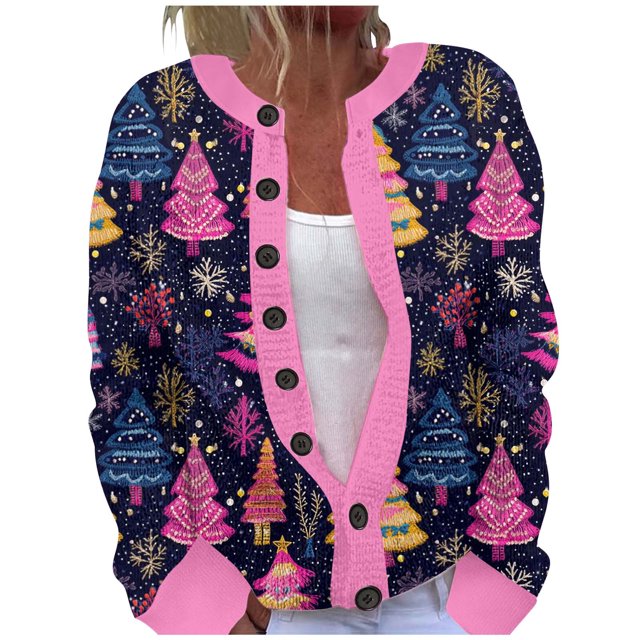 Cardigan de Noël pour Femmes, Veste Imprimée Festive, Tricot Confortable à Manches Longues, Boutons devant, Chandail Décontracté