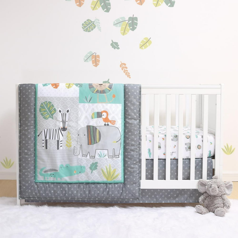 The Peanutshell, Jungle Safari Baby Crib Bedding Set, 3pc microfiber Grey Sage for baby boy or