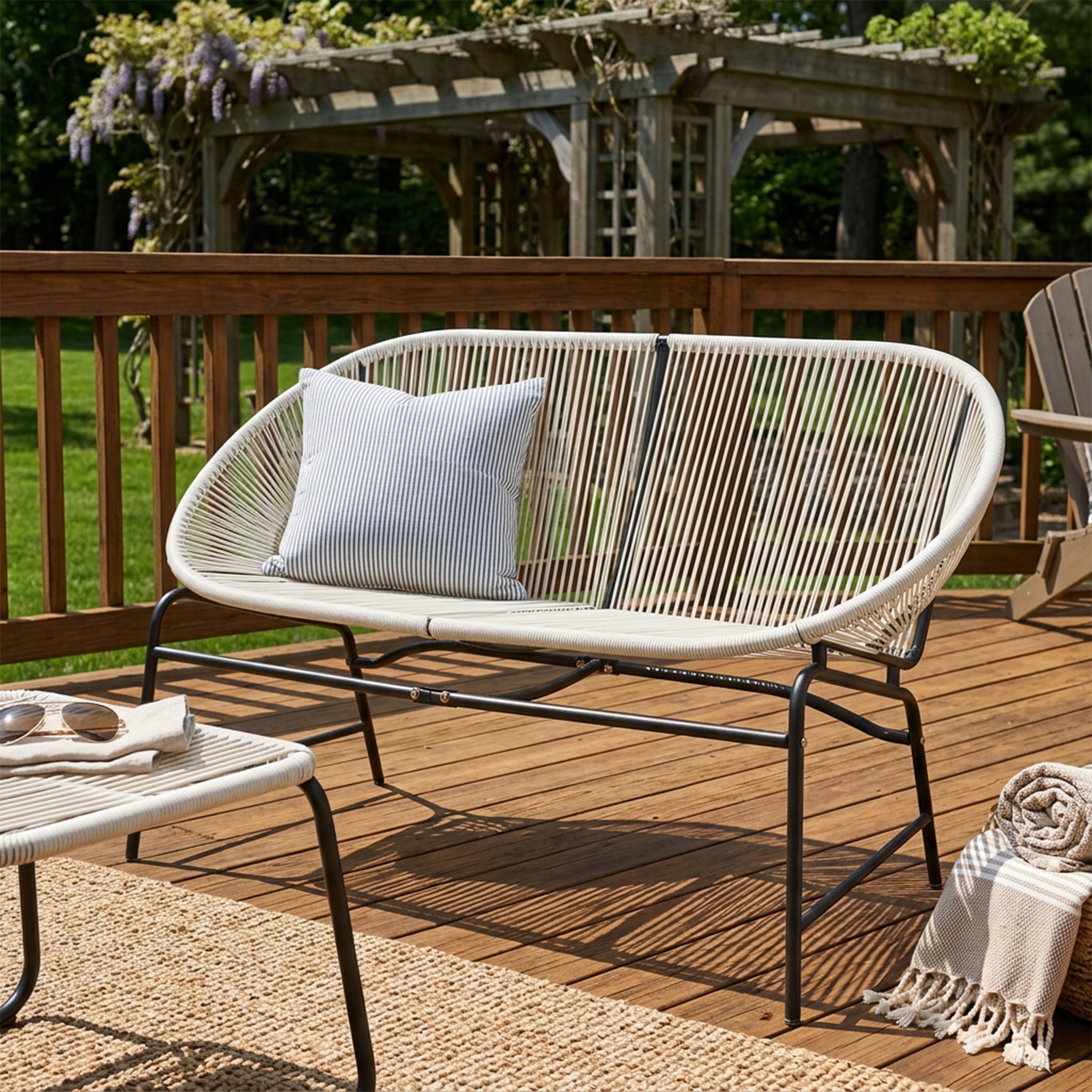 Outdoor PE Rattan Wicker Loveseat with Iron Frame for Porch Garden Balcony, White