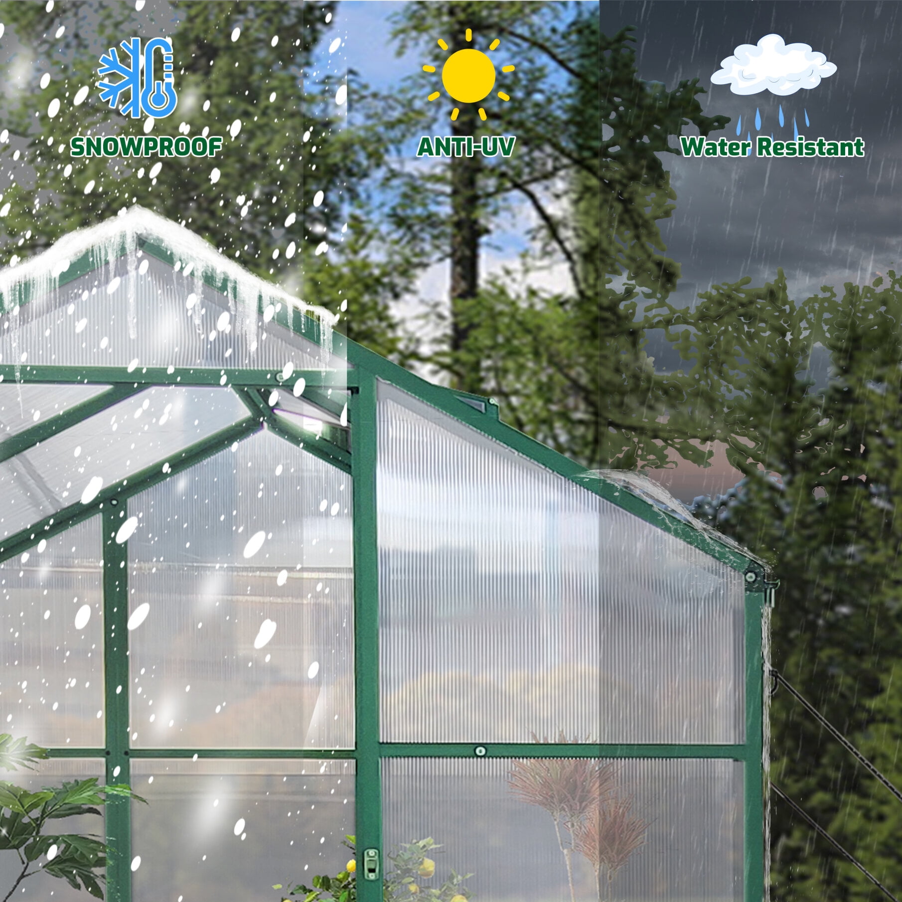 6x8 FT Walk-In Polycarbonate Greenhouse with Roof Vent & Rain Gutter, Durable Aluminum Frame for Year-Round Gardening, UV Protection for Plants, Ideal for Patio or Backyard