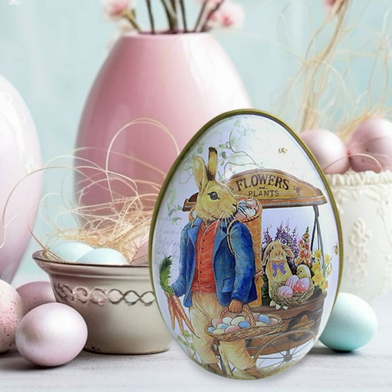 IGEED Easter Egg Tin Box,Metallic Easter Candy Packaging Box  Vintage Peter Rabbit Easter Candy Cookie Jar Gift Box main image 0