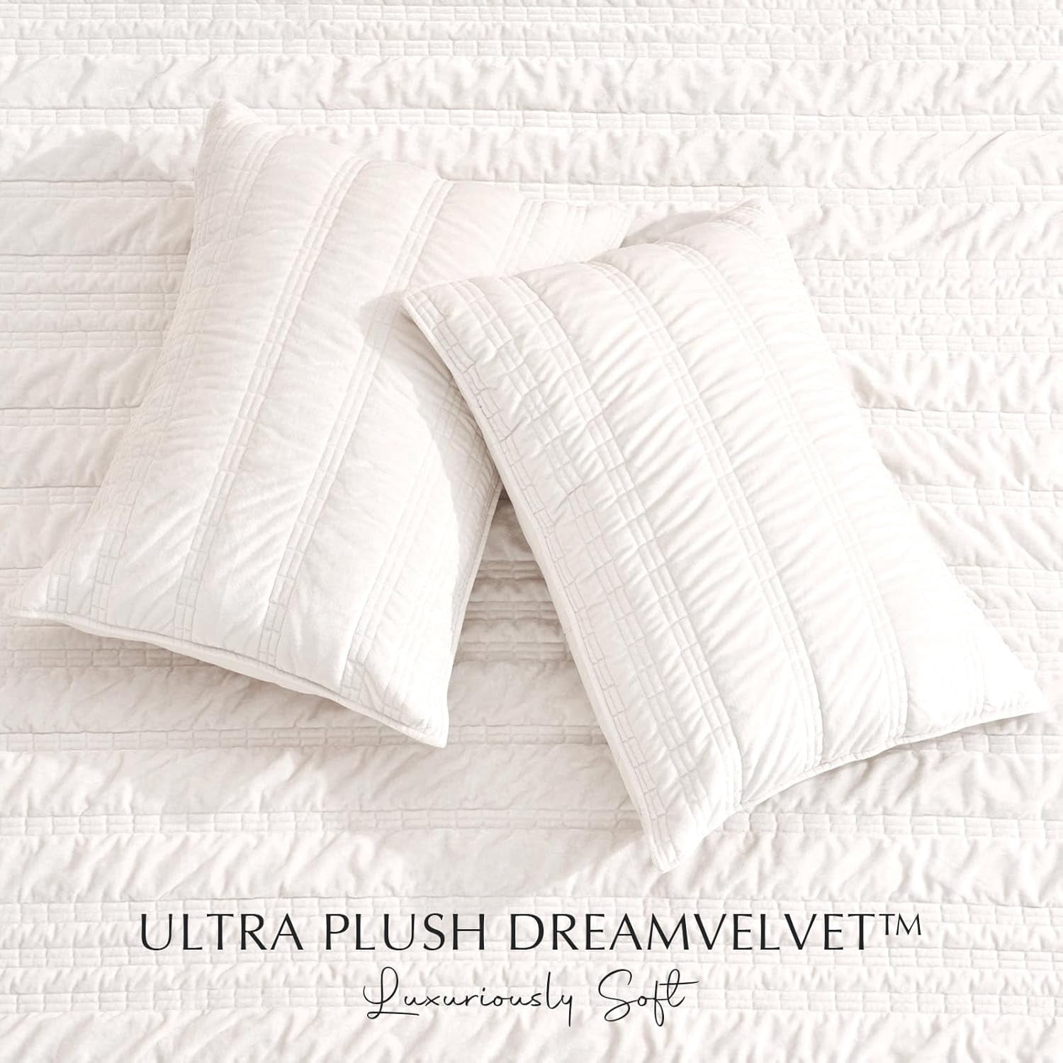 EVERGRACE Luxury Ruched Velvet Quilt Queen Size, Ultra Soft Bedspread Coverlet Set, Lightweight Velvet Comforter, Quilted Bedding Cover with 2 Matching Shams for All Season, Ivory White