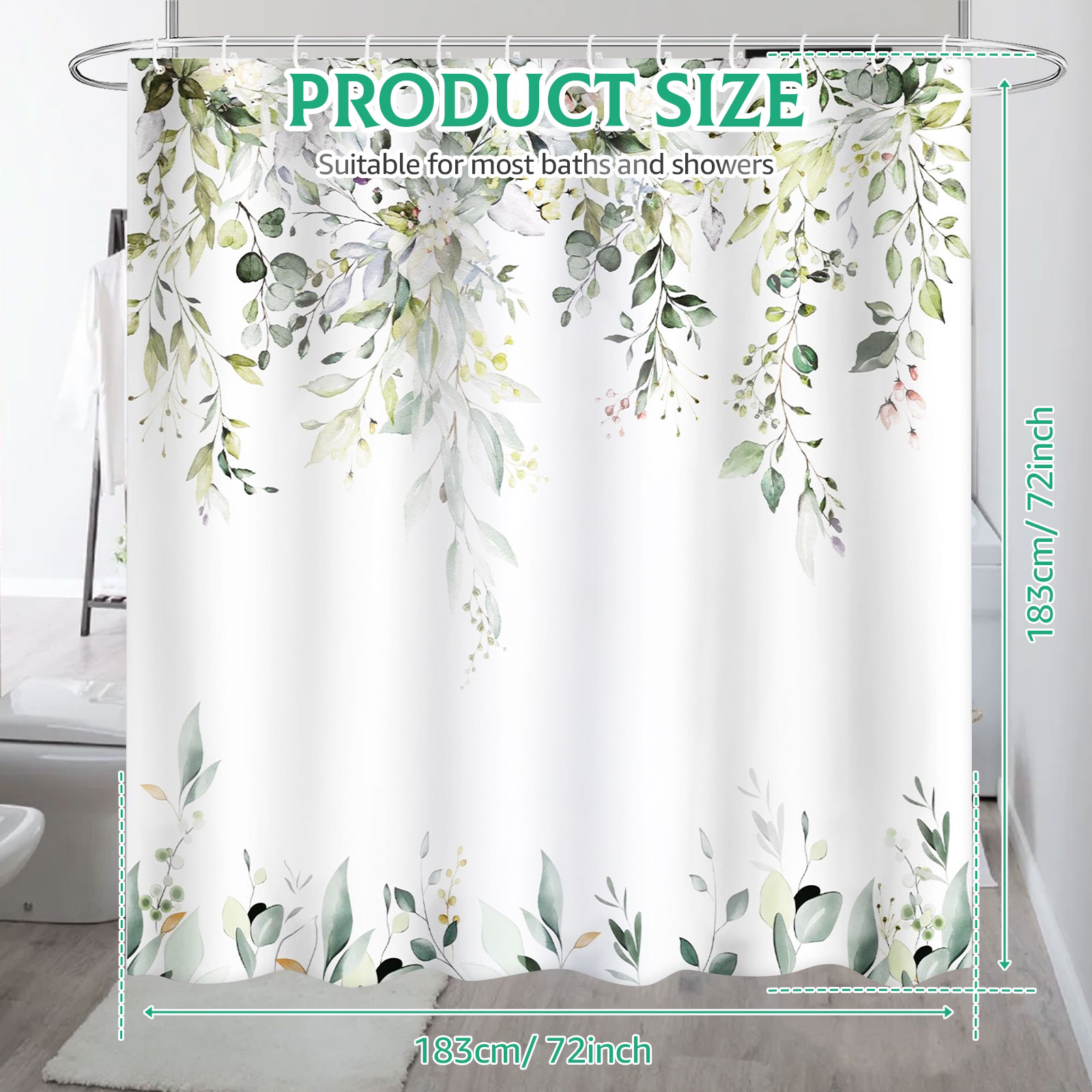 Dznils Green Eucalyptus Watercolor Floral Shower Curtain, 72x72" photo 2