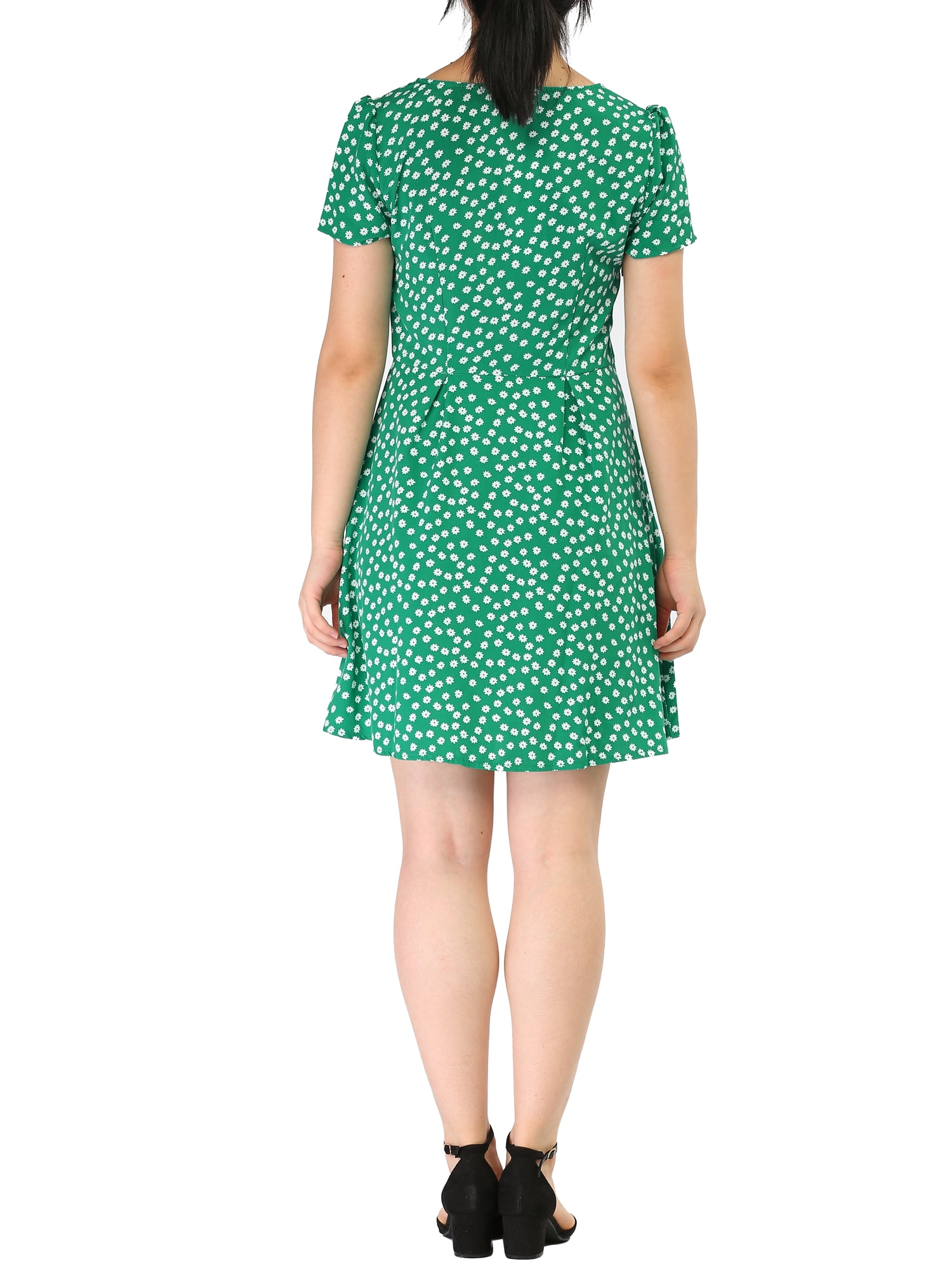 DARING DIVA Square Neck Short Sleeve Print A-Line Dress L Green-Floral