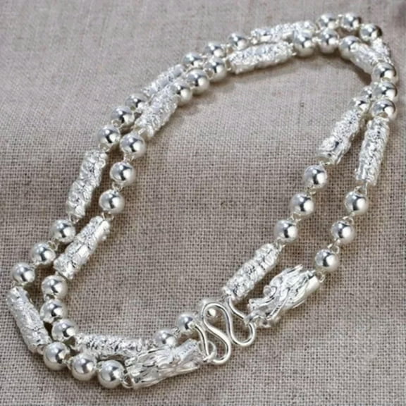 K-KED Pure 999 Fine Silver Chain Men Dragon Head Column Bead Link Necklace -5mm, 41g ,27.5inch