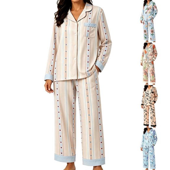 SAZBJOJN Womens Pajama Sets Button Down Shirts And Long Pants Cute Printed Pajama Set 2 Piece Lightweight Loungewear Pj Sets for Woman Home Wear Size L Multicolor
