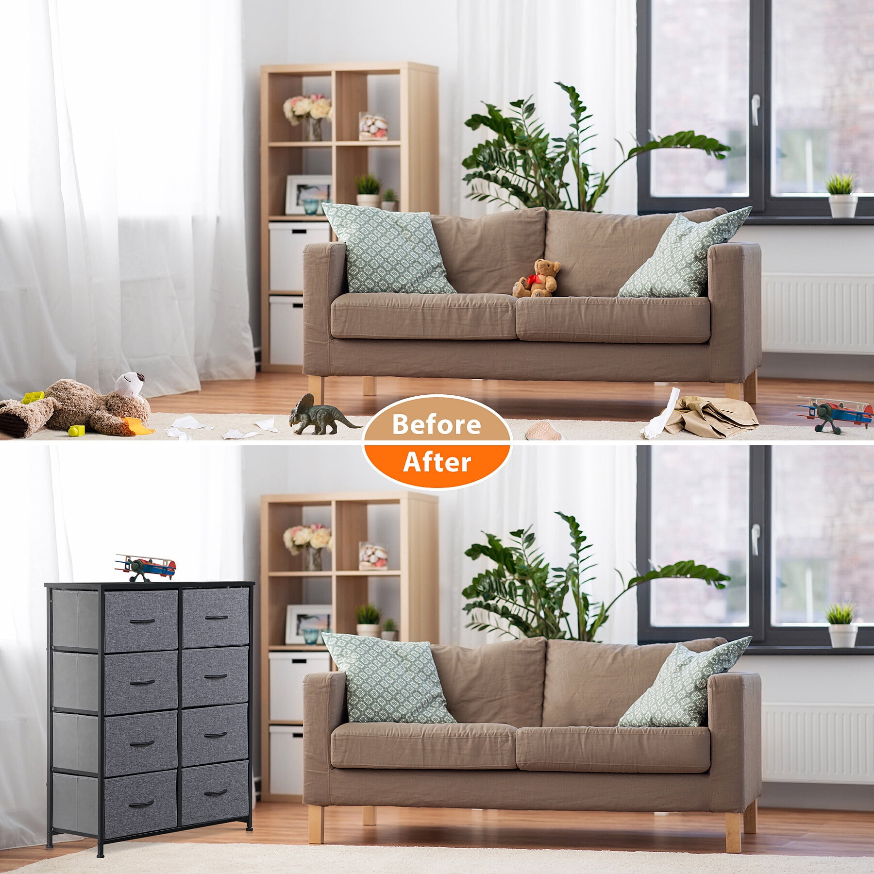 HomGarden 8 Drawer Storage Dresser Adult Vertical Fabric Chest of Drawers for Bedroom Living Room Gray