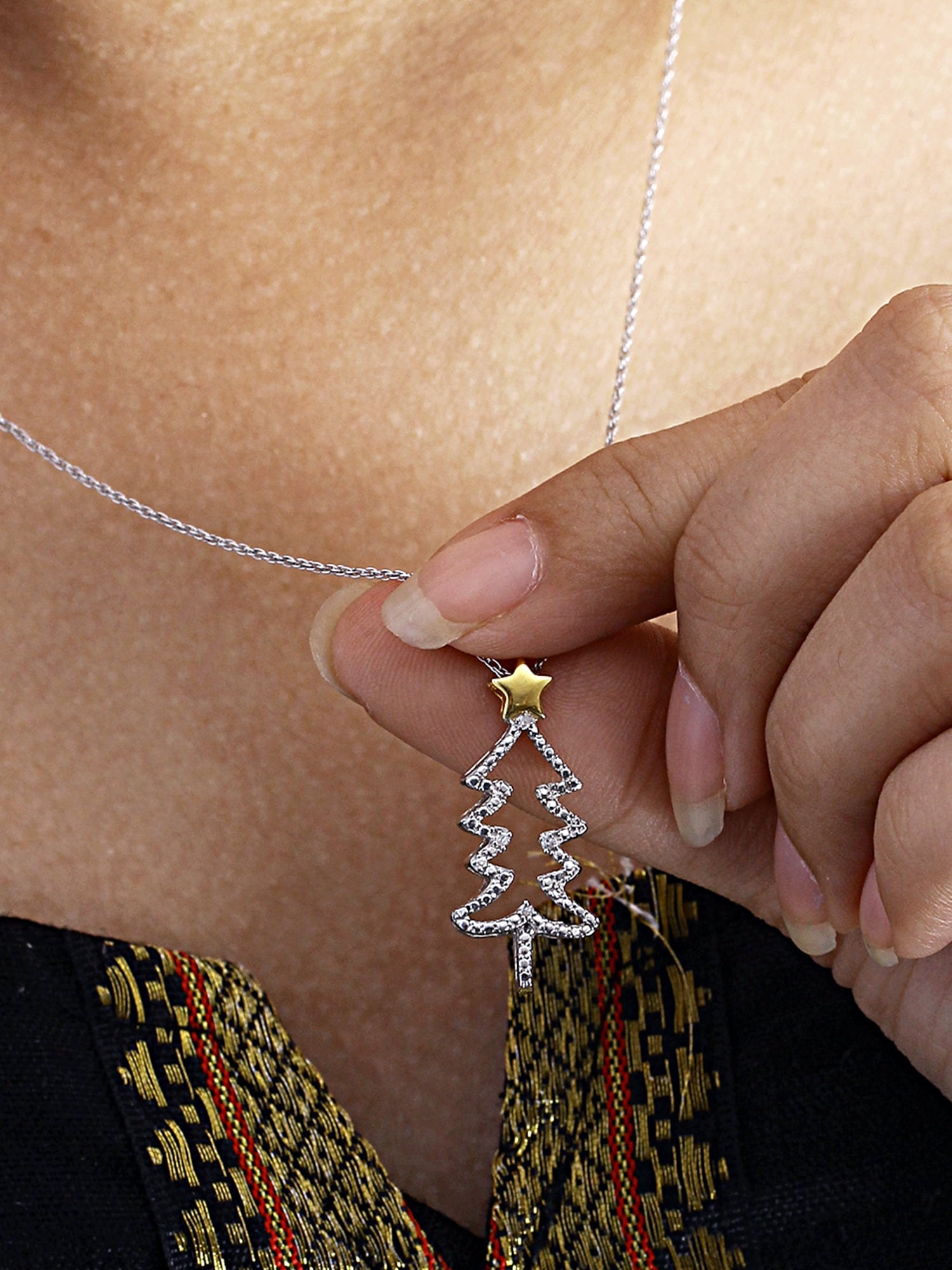 JewelersClub Christmas Tree Necklace Diamond Necklace for Women – Genuine White Diamond, Two-Tone Silver Necklace Christmas Tree – Christmas Gifts for Women – Silver Diamond Pendant Necklace for Women