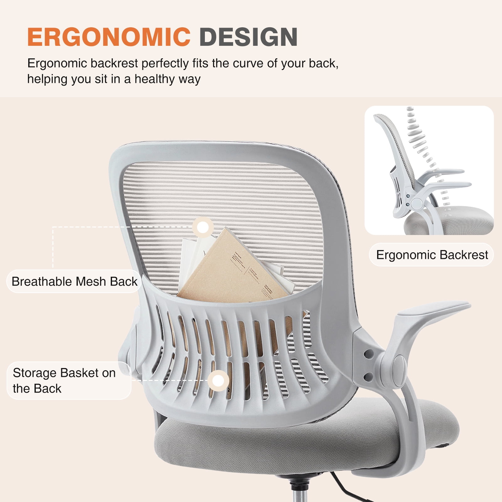 MCQ Home Ergonomic Office Chair with Adjustable and Flip-up Armrest,Heavy Duty Desk Chair with Lumbar Support, Grey