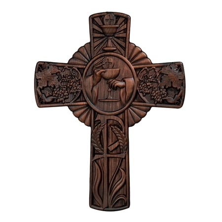 First Holy Communion Religious Wall Hanging Decoration Christian Cross Wooden Carving Eucharist Holy Grail Cross Holy Communion Gift Wooden Art Decoration