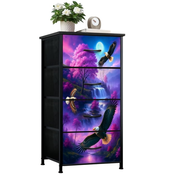 Dresser for Bedroom with 4 Storage Drawers Flight Vibrant Purple Landscape Waterfall Sky Dressers Chest of Drawers Steel Framed Fabric Closet Organizers for Entryway