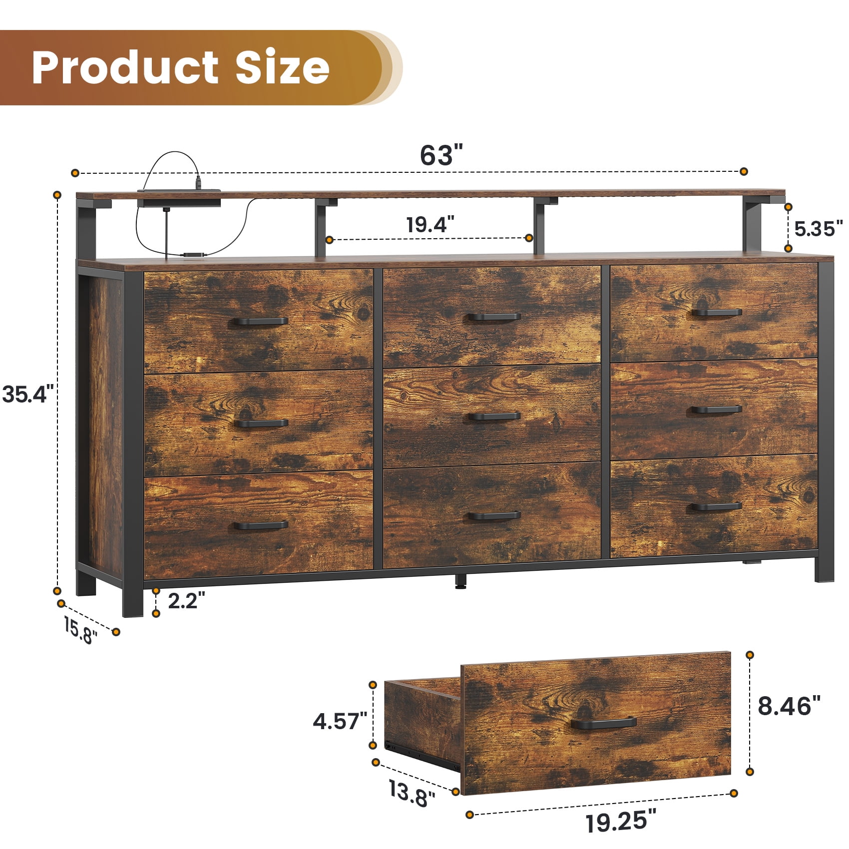 Winkalon 9 Drawer Dresser with LED Light & Charging Station, 63" Long Modern Dresser with 9 Drawers for Bedroom, Wooden Dresser Large Closet of Drawers