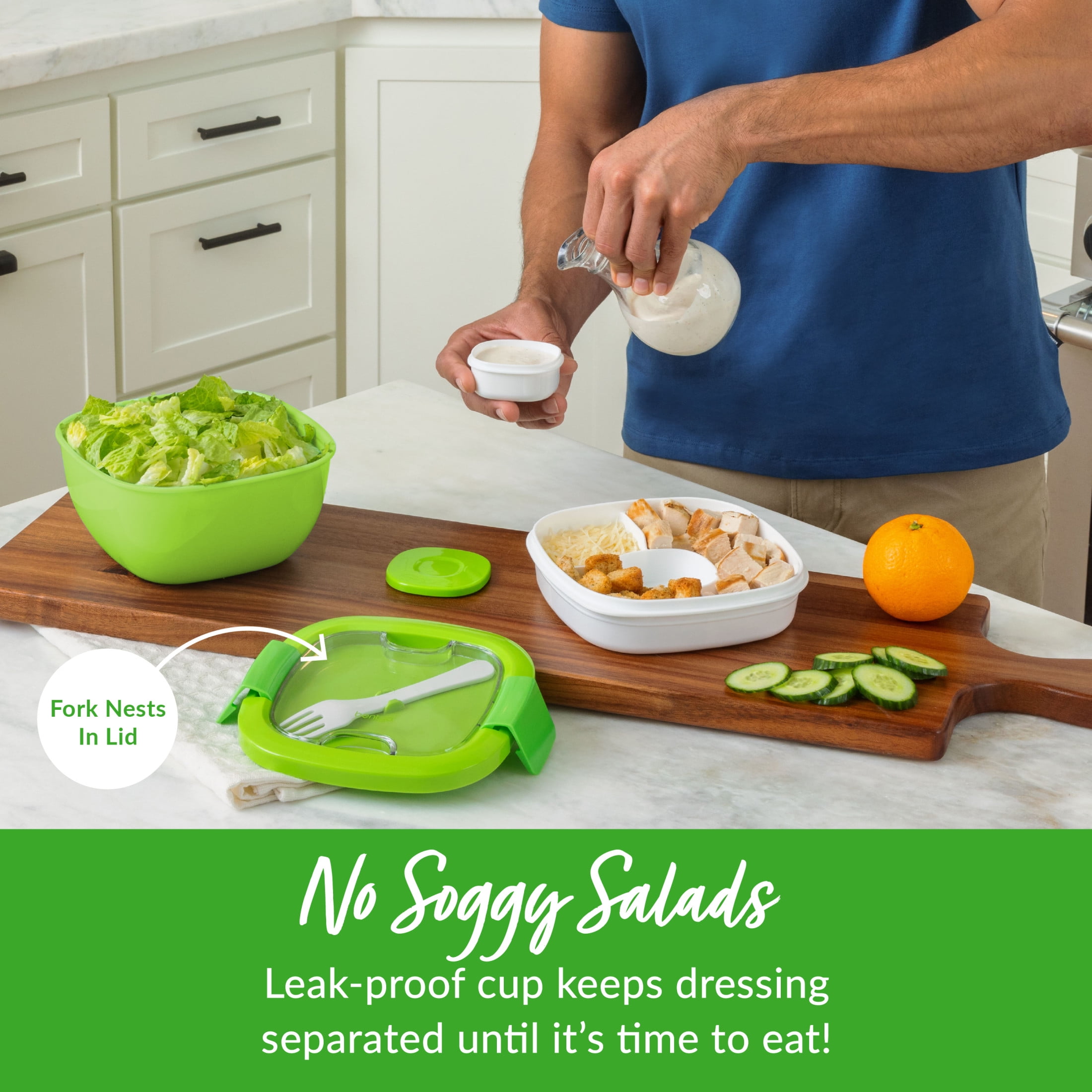 Bentgo Salad Container - 6.75 cup Bowl with 4-Compartment Toppings Tray, Leak-Proof Dressing Container, Reusable Fork, BPA-Free Lunch Box for Meal Prep & Food Storage; Removable Bento Tray (Green)