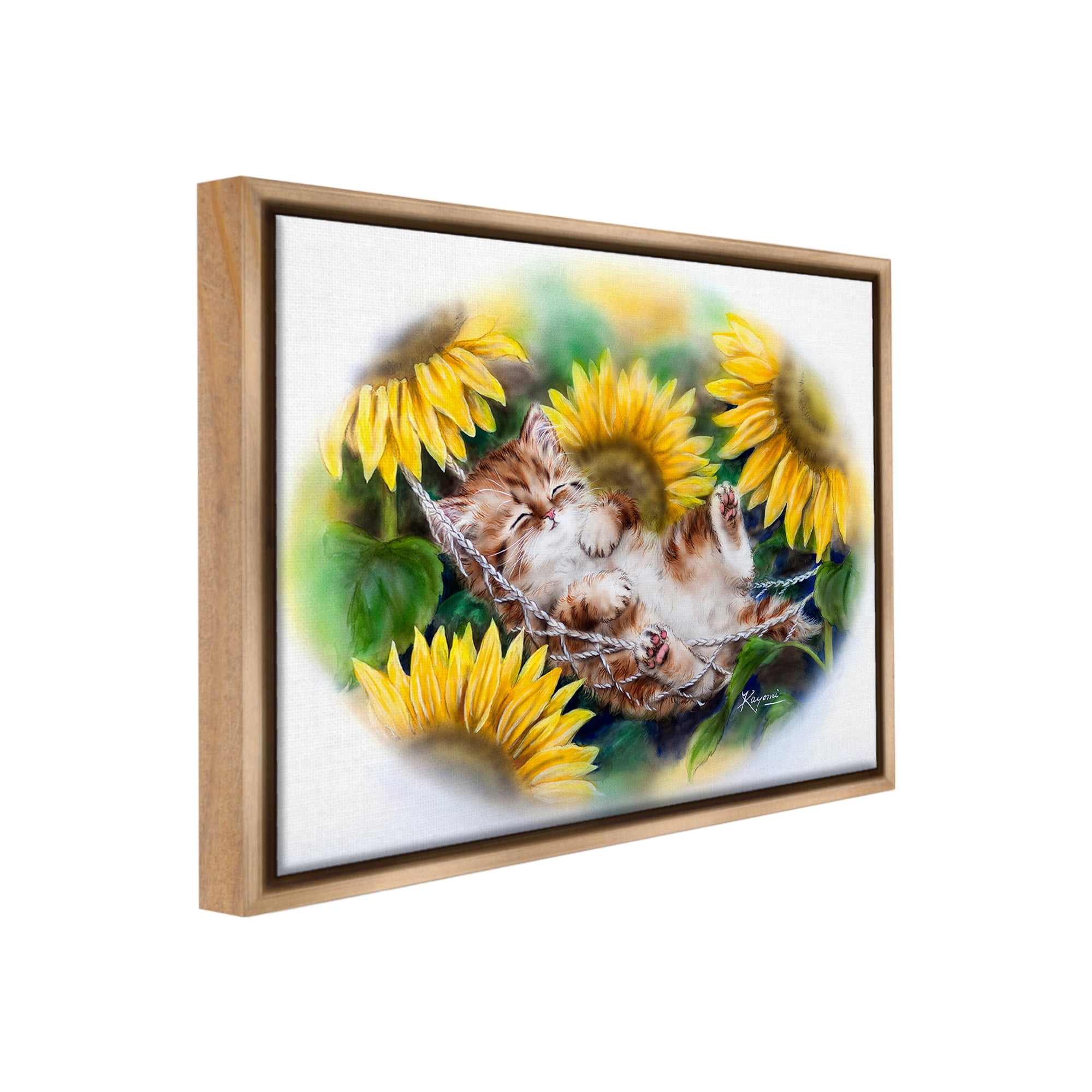 Stupell Industries Kitten Asleep with Sunflowers Animals & Insects Painting Brown Floater Framed Canvas Art Print Wall Art, 31 x 25