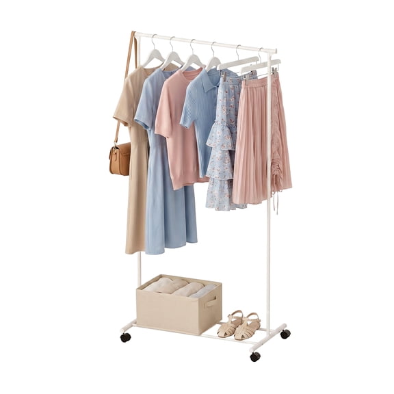 ACTDAYS Clothes Rack with Wheels, Rolling Garment Rack with Storage Shelf, Clothes Organizer for Bedroom, Laundry, Bathroom, Home, White