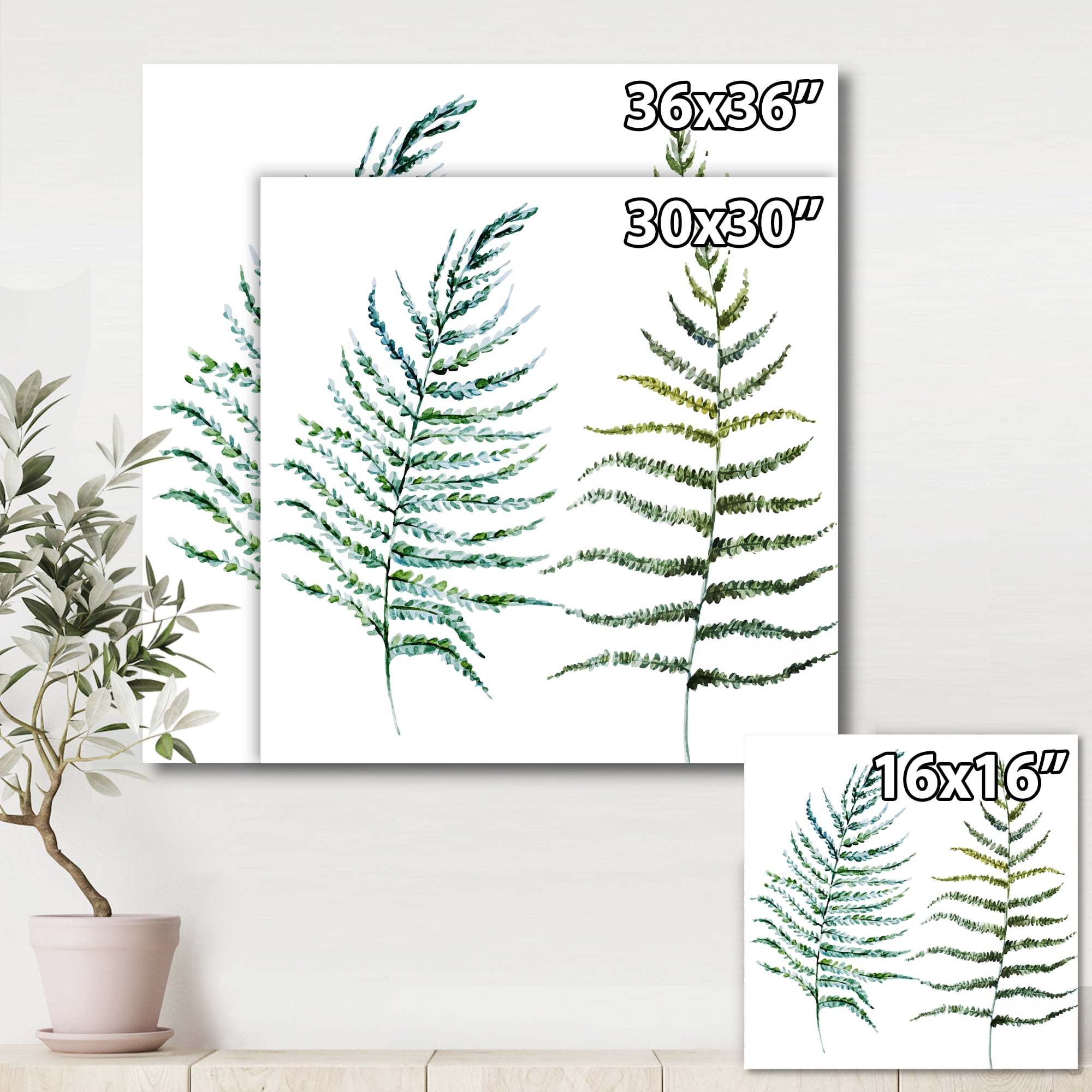 Designart ' Two Fern Leaves On White ' Farmhouse Canvas Wall Art Print