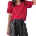 thumbnail image 3 of Camisa de mujer con botones, suéter de punto fino, camiseta informal de manga corta suave, rojo Speravity AP001278-03B, 3 of 7