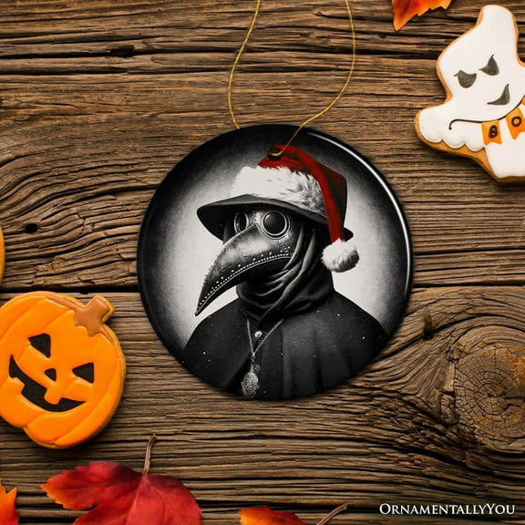 Grim Plague Doctor With Santa Hat Ceramic Ornament, Dark Christmas Keepsake for Halloween Tree