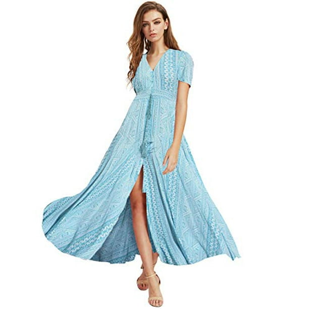 Milumia Women Button Up Floral Print Party Split Flowy Maxi Dress Light  Blue Small - Walmart.com