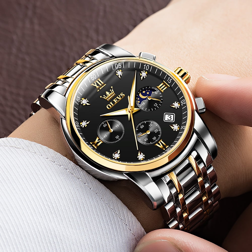 OLEVS Watches for Men Luxury Dress Casual Analog Quartz Gold Plated Stainless Steel Chronograph Moon Phase Waterproof Luminous Date Business Mens Wrist Watches Reloj Para Hombre
