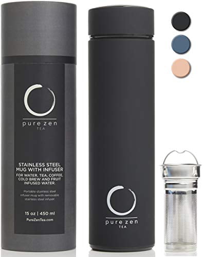 Pure Zen Tea Thermos with Infuser Iced Coffee and Fruit-Infused Water Stainless Steel Insulated Tea Infuser Tumbler for Loose Leaf Tea Blue 15oz Leakproof Tea Tumbler with Infuser